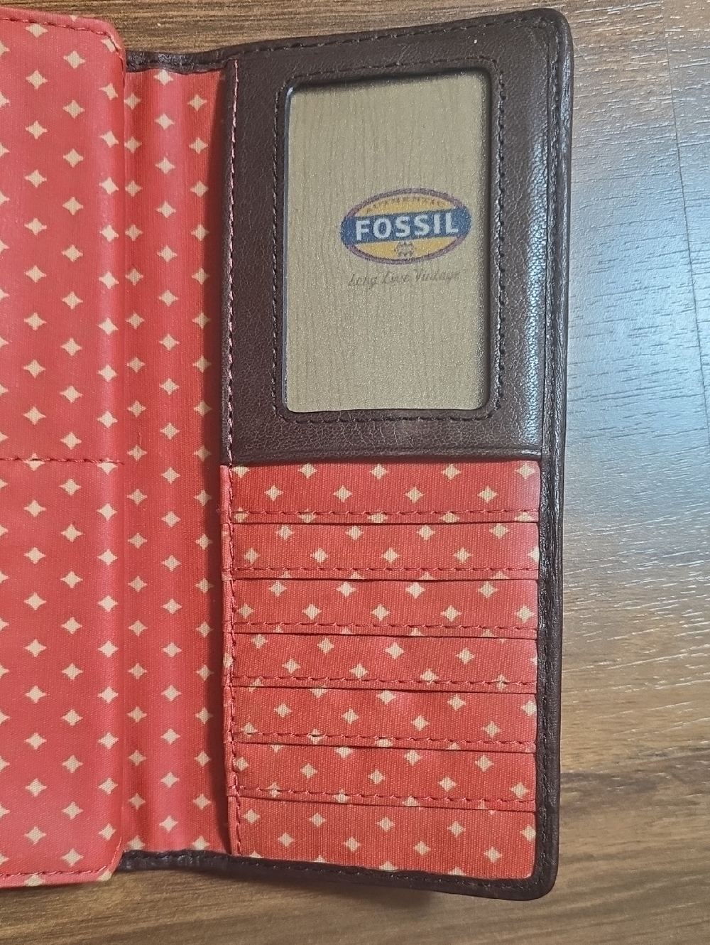 FOSSIL Wallet Tri-fold KEY-PER Coated Canvas Giraffe Print Brown Leather Trim - Picture 7 of 11